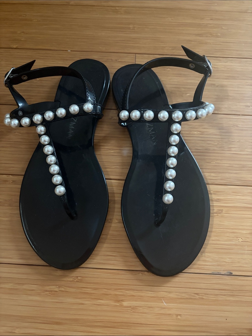 Stuart Weitzman Black Pearl-Trim T-Strap Sandals